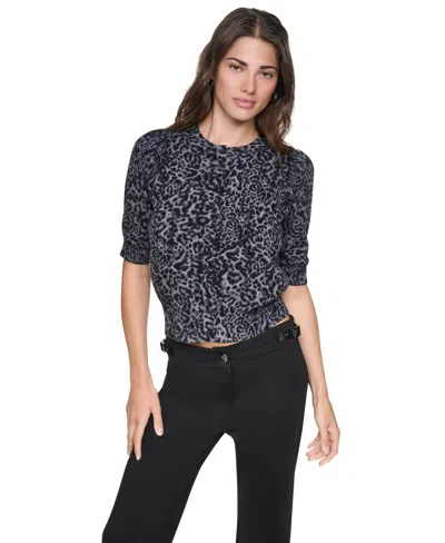 Dkny Women's Crewneck Button Placket Cardigan Sweater In Moonlit Leopard