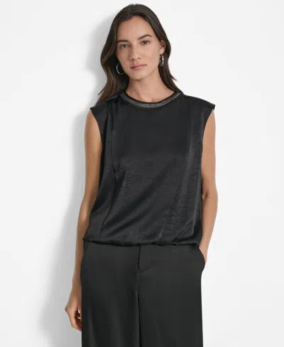 Dkny Women's Crinkle-texture Chain-neck Top In Black