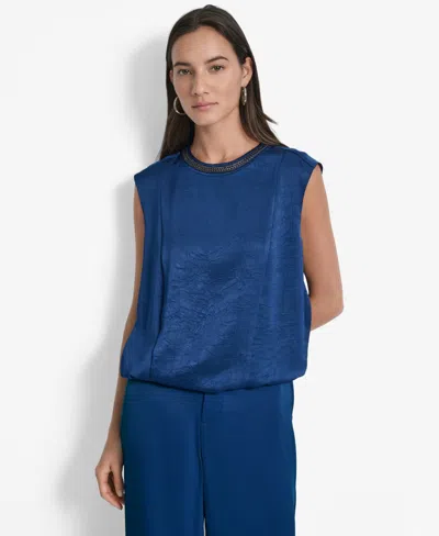 Dkny Women's Crinkle-texture Chain-neck Top In Blue