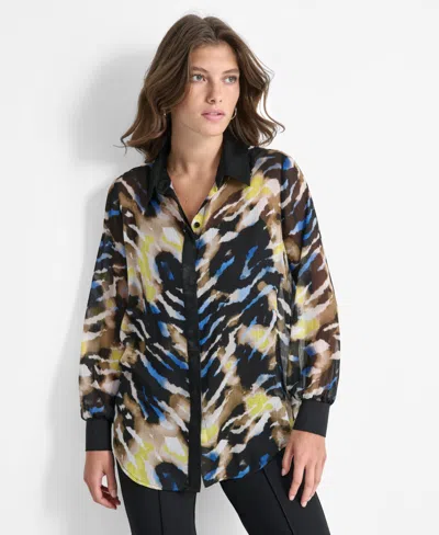 Dkny Printed Semisheer Chiffon Button-up Top In Abstract Tiger
