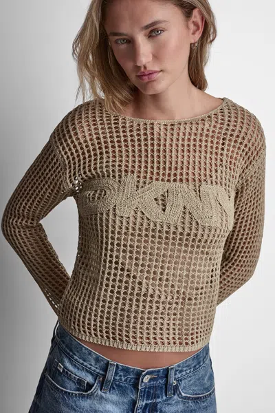 Dkny Women's Crochet Open-stitch Logo Sweater In Brown