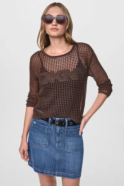 Dkny Women's Crochet Open-stitch Logo Sweater In Brown