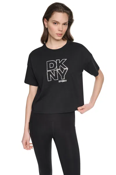 Dkny Women's Cropped Crystal Stacked Logo T-shirt In Black