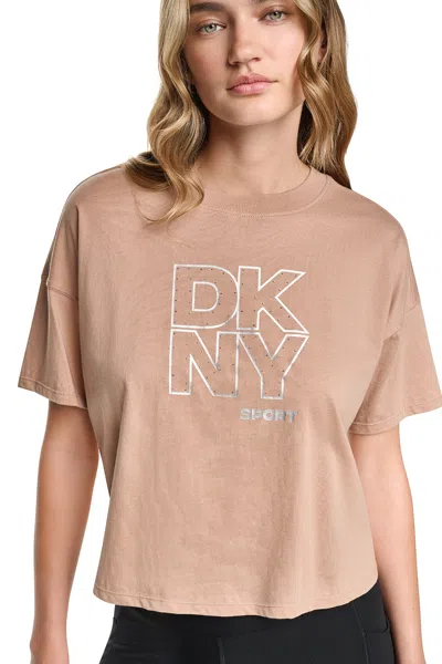 Dkny Women's Cropped Crystal Stacked Logo T-shirt In Brown