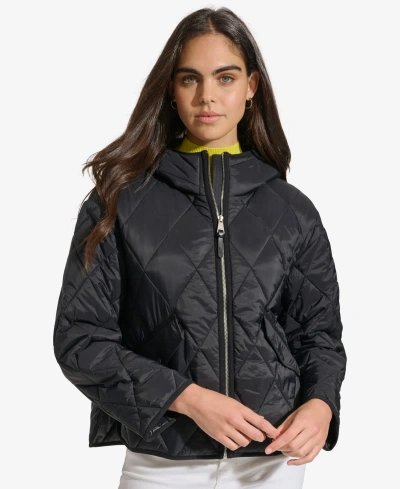 Dkny Women's Cropped Hooded Diamond Quilted Coat In Black