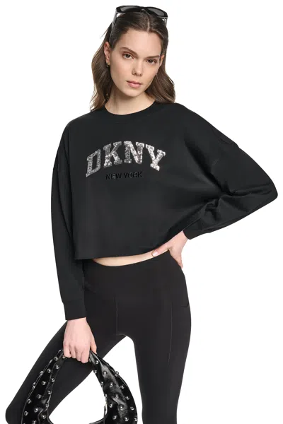 Dkny Women's Cropped Sequin Varsity Logo T-shirt In Black