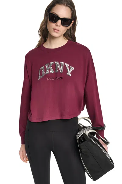 Dkny Women's Cropped Sequin Varsity Logo T-shirt In Pink