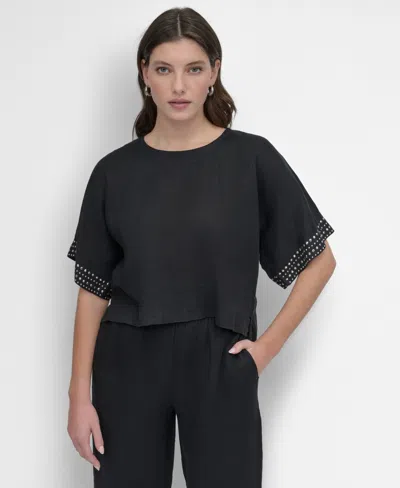 Dkny Women's Cropped Short-sleeve Studded Linen Top In Black