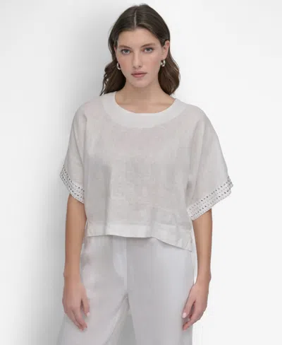 Dkny Women's Cropped Short-sleeve Studded Linen Top In White