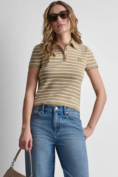 Dkny Women's Cropped Striped Polo Sweater In Brown