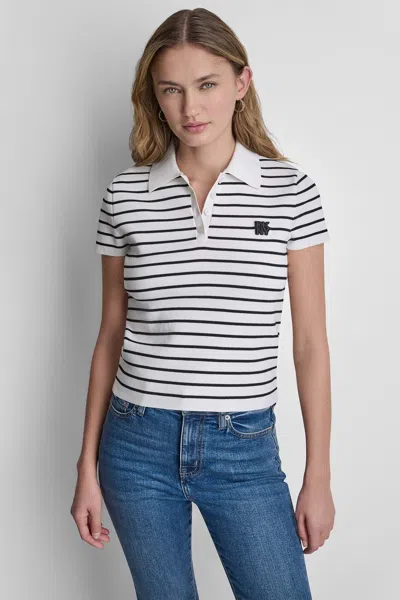 Dkny Women's Cropped Striped Polo Sweater In White