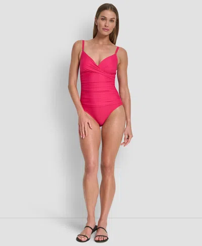 Dkny Women's Crossover Ruched One-piece Swimsuit In Pink