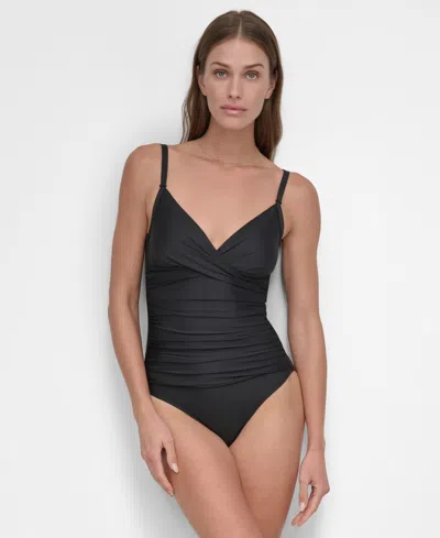 Dkny Women's Crossover Ruched One-piece Swimsuit In Black