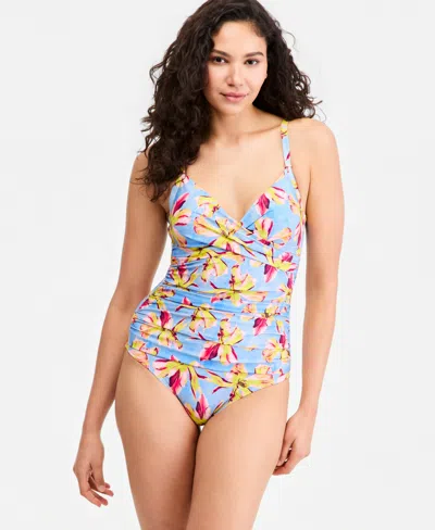 Dkny Women's Crossover Ruched One-piece Swimsuit In Blue