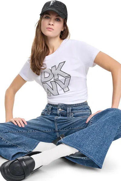 Dkny Women's Crystal Distressed Logo T-shirt In White