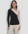 Dkny Colorblock Shoulder Cutout Long Sleeve Sweater In Black