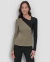 Dkny Colorblock Shoulder Cutout Long Sleeve Sweater In Green