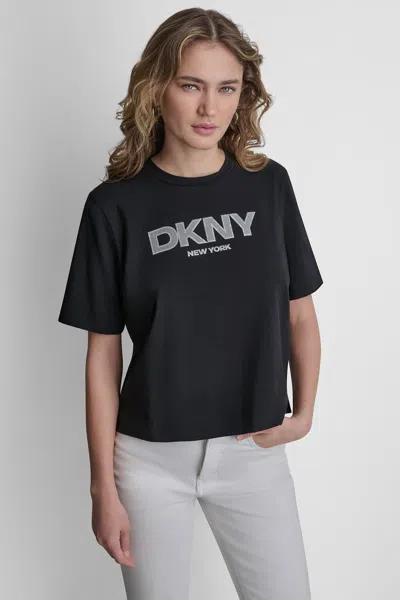 Dkny Women's Diamond Boarder Logo T-shirt In Black