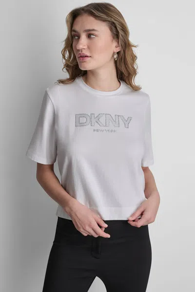 Dkny Women's Diamond Boarder Logo T-shirt In White