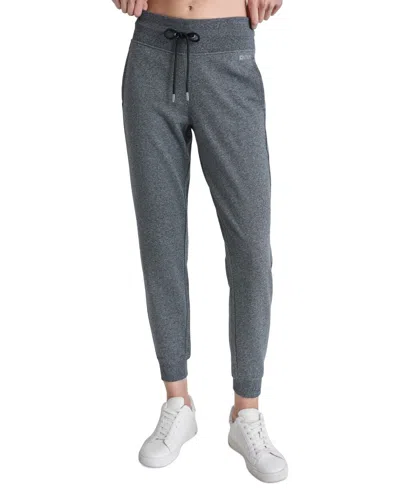 Dkny Women's  Fleece Jogger Sweatpants Black Heather Logo Drawstring Fts620 In Gray