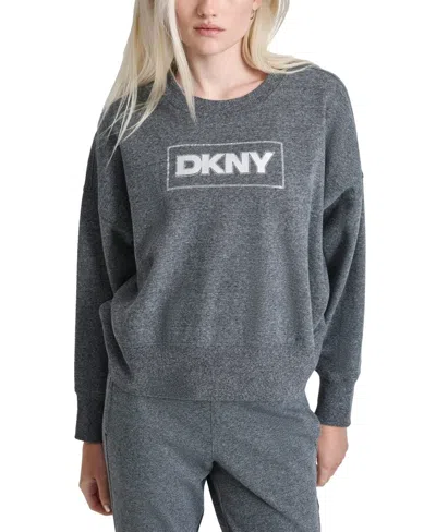 Dkny Women's  Sport Sweatshirt Black Heather Fleece Rhinestone Crew Neck Fts416 In Gray