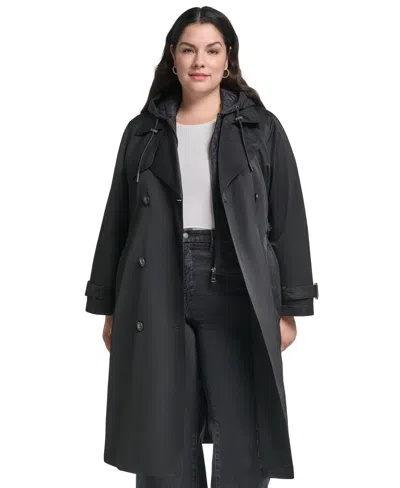 Dkny Women's Double Breasted Belted Trench With Hooded Bib Coat In Black
