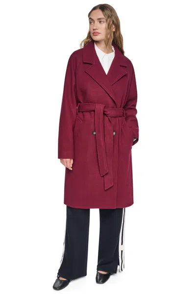 Dkny Women's Double Breasted Wrap Coat In Burgundy