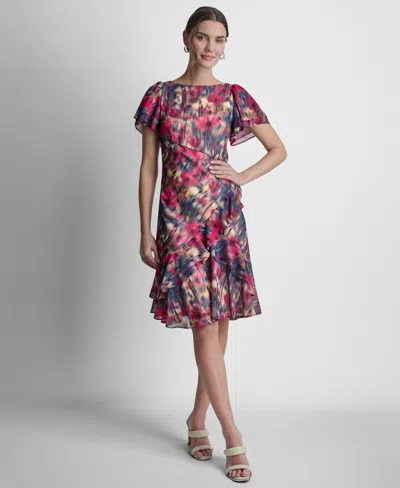 Dkny Womens Double Flutter Short Sleeve Ruffle Hem Dress In Multi