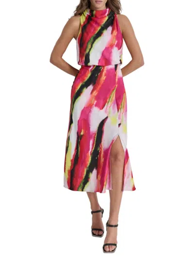 DKNY WOMEN'S DRAPED BRUSHSTROKE-PRINT MIDI-DRESS