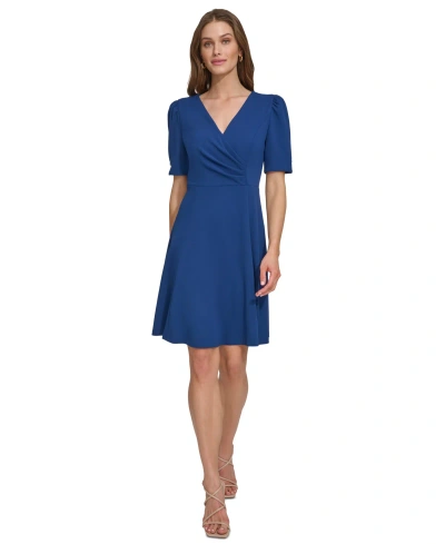 Dkny Women's Draped-front Puff-shoulder A-line Dress In Coastal Blue