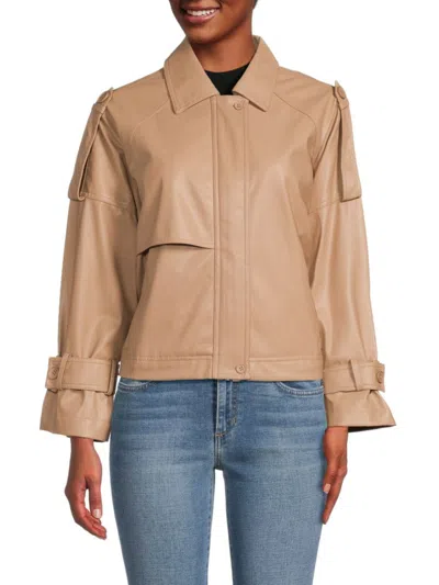 Dkny Womens Faux Leather Lightweight Motorcycle Jacket In Tan
