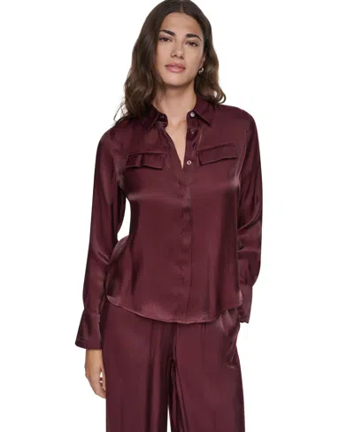 Dkny Women's East River Shine Long-sleeve Satin Fitted Blouse In Burgundy