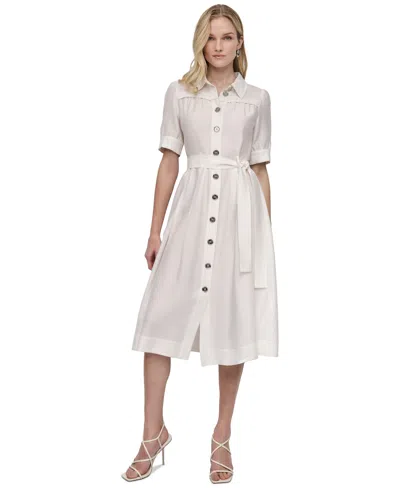 Dkny Women's Elbow-sleeve Belted Midi Shirtdress In Ivory