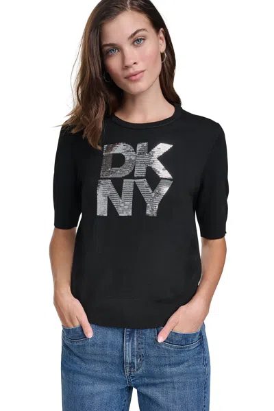 Dkny Women's Elbow Sleeve Sequin Logo Sweater In Black