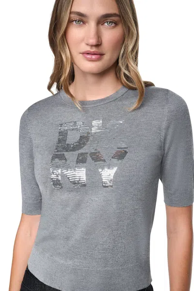 Dkny Women's Elbow Sleeve Sequin Logo Sweater In Gray