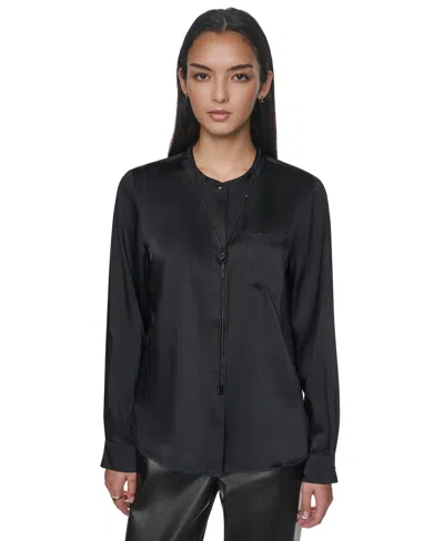 Dkny Women's Embellished Long-sleeve Collared Blouse In Black