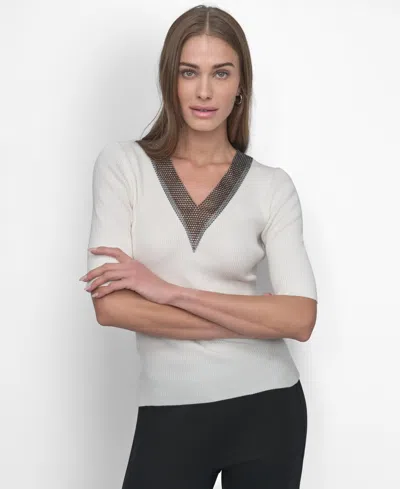 Dkny Women's Embellished-neck Half-sleeve Ribbed Sweater In Ivory