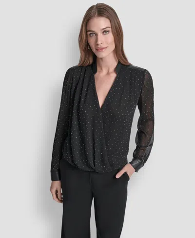 DKNY WOMEN'S EMBELLISHED SURPLICE NECK TOP