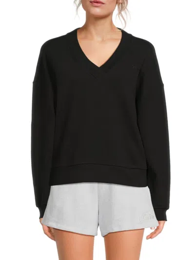 Dkny Women's Embroidered Cotton V-neck Sweatshirt In Black