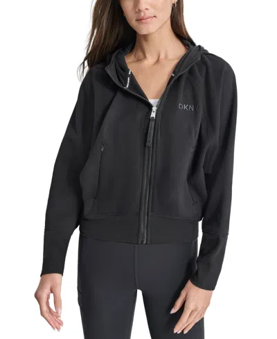 Dkny Women's Embroidered-logo Cropped Zip-front Fleece Hoodie In Black