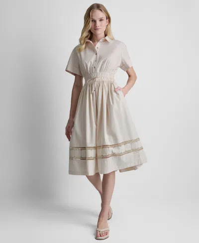 Dkny Women's Embroidered Short-sleeve Cotton Shirt Dress In Brown