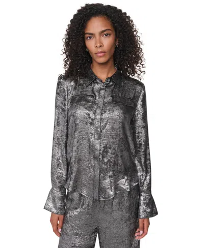 Dkny Women's Empire State Steel Long Long-sleeve Collared Button-front Blouse In Gray