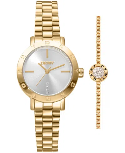 Dkny Women's Essentials Quartz Gold-tone Stainless Steel Bracelet Watch 28mm Gift Set In Multi
