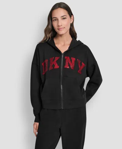 Dkny Women's Exploded Rhinestone Varsity Logo Full-zip Hoodie In Black