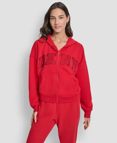 Dkny Women's Exploded Rhinestone Varsity Logo Full-zip Hoodie In Red