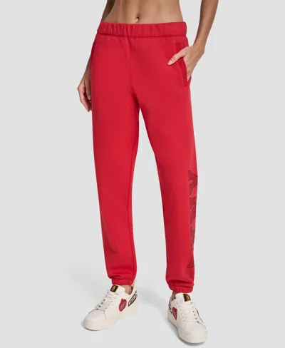 Dkny Women's Exploded Rhinestone Varsity Logo High Rise Relaxed Jogger In Red