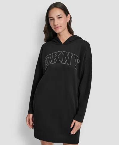 Dkny Women's Exploded Rhinestone Varsity Logo Hoodie Sneaker Dress In Black