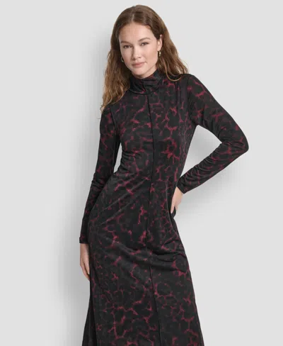 Dkny Women's Exposed Seam Printed Long Sleeves Dress In Gold