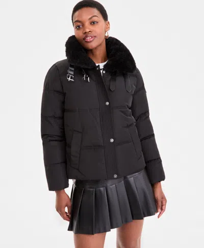 Dkny Women's Faux-fur-collar Zip-front Puffer Coat In Black