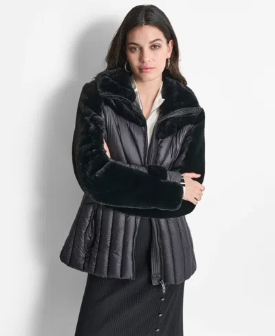 Dkny Women's Faux-fur Spread-collar Puffer Jacket In Black